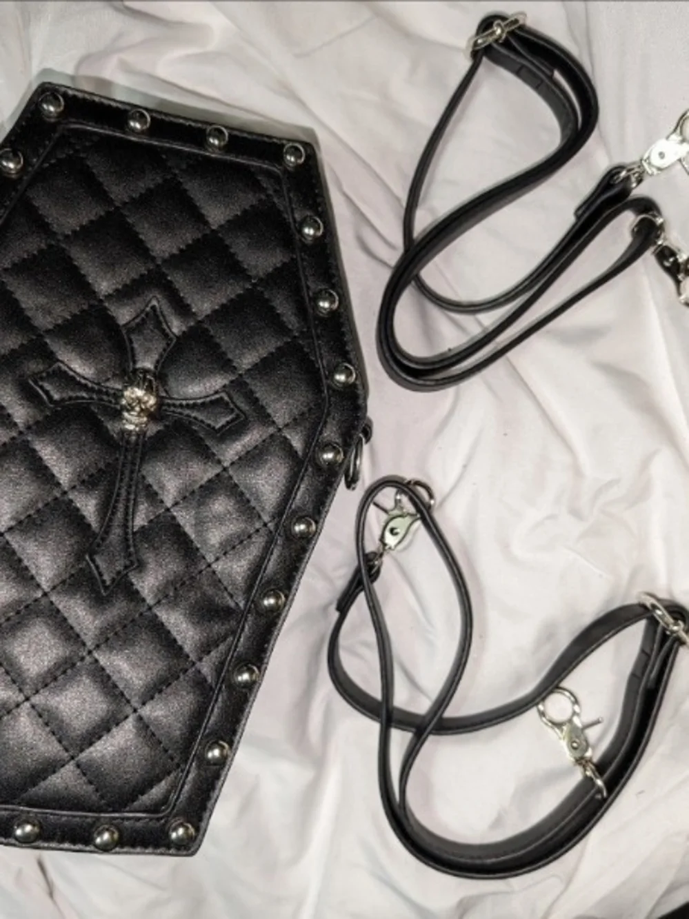 Dolls Kill Black Quilted Coffin Crossbody Bag with Studs
